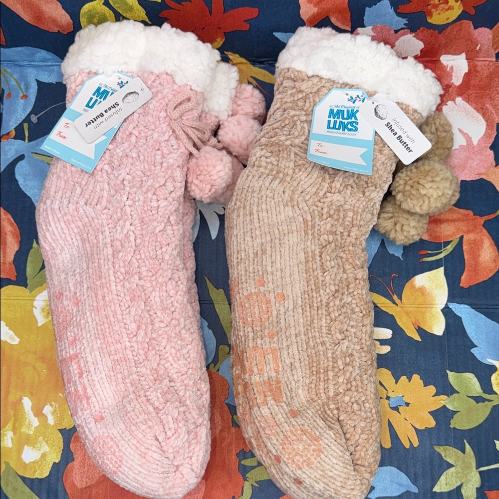 Muk Luks Pink and Tan Fuzzy Slipper Socks Lot of 2